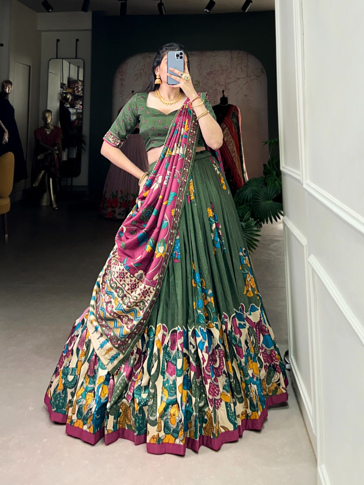 KalamKari Print Tussar Silk (Lehengas) Chaniya Choli